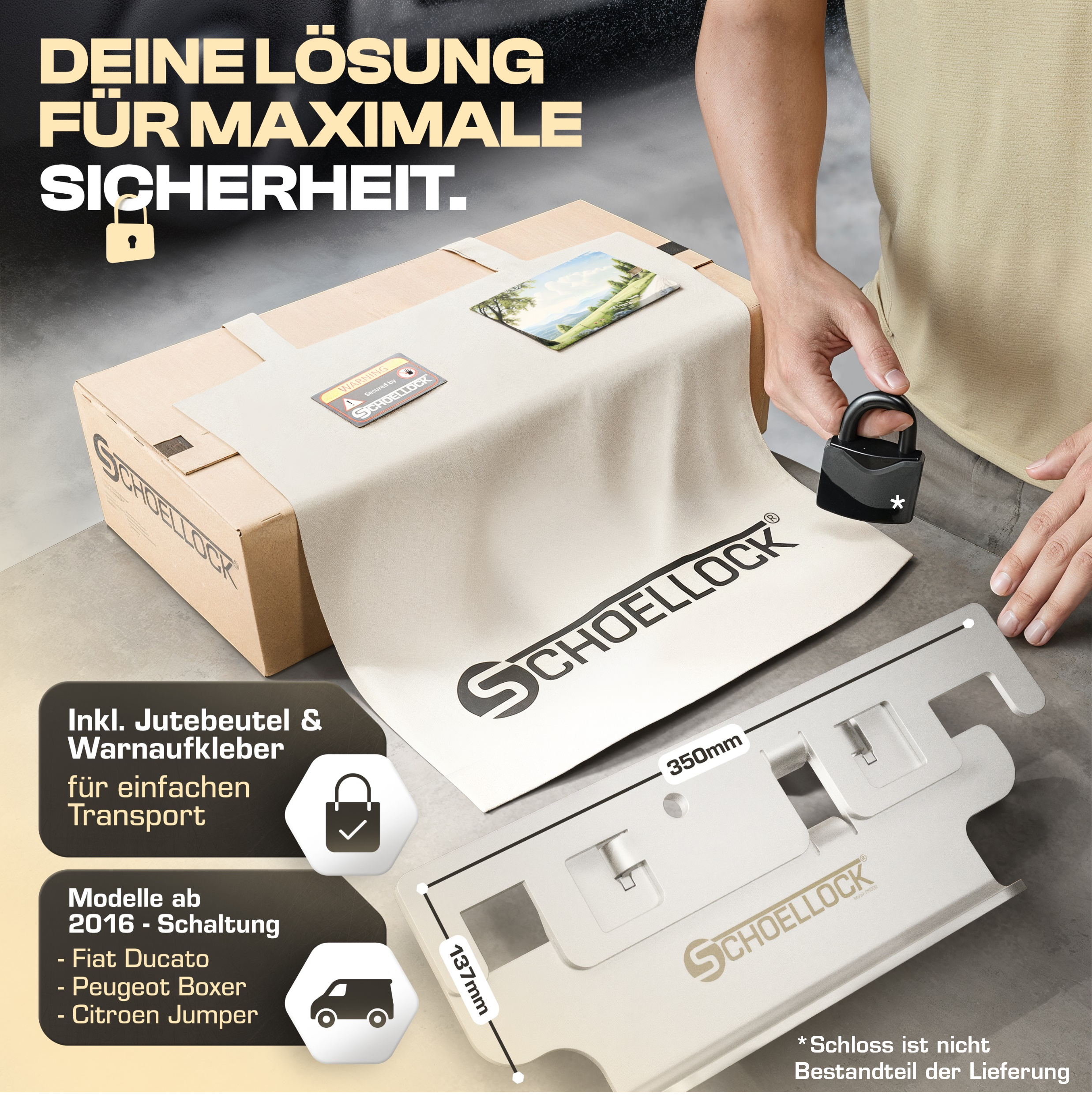 Lieferumfang der SCHOELLOCK Pedalsperre für Fiat Ducato, Citroën Jumper und Peugeot Boxer