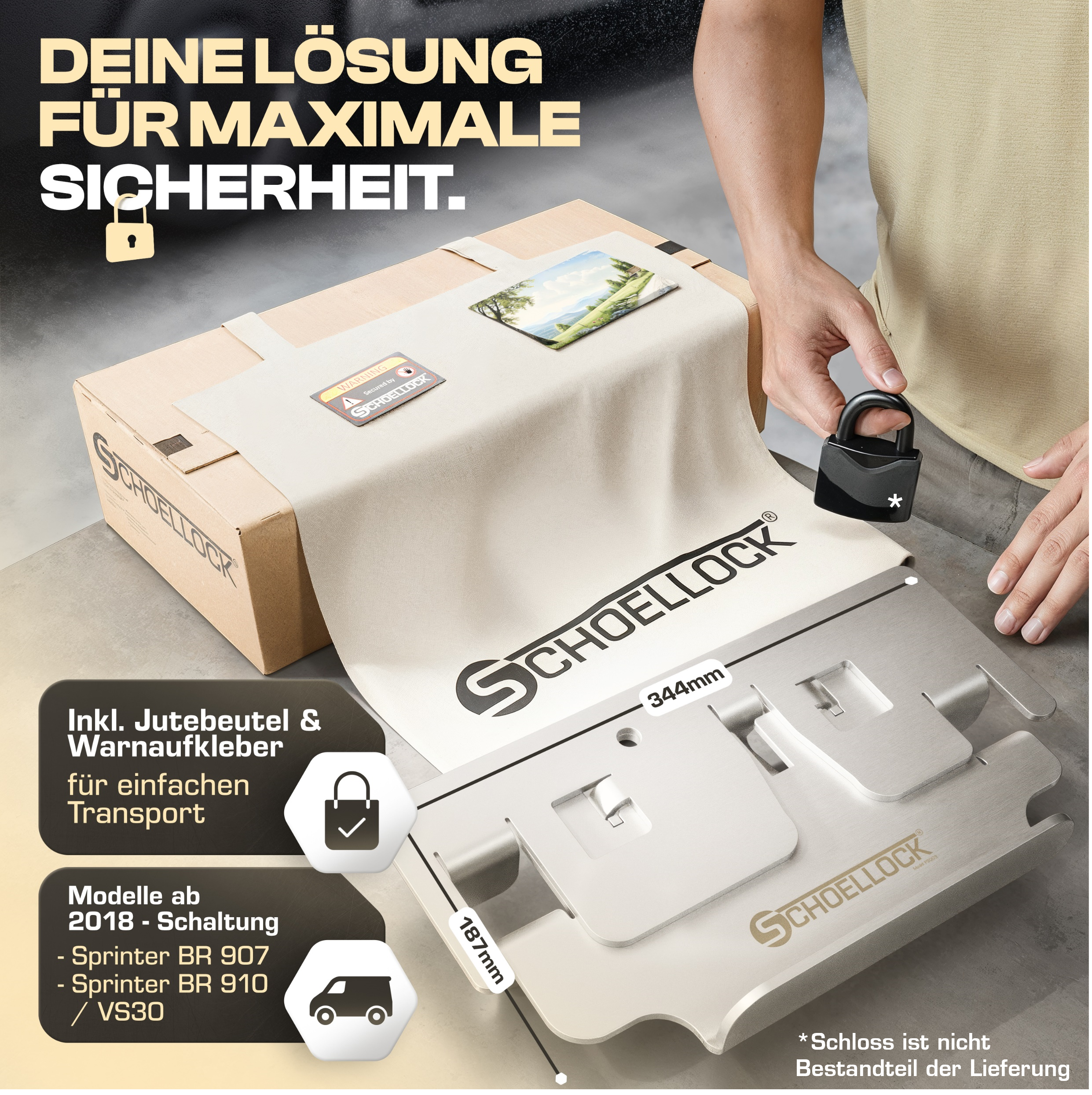 Lieferumfang der SCHOELLOCK Pedalsperre für Mercedes Sprinter BR 907, BR 910 und VS30 Schaltung