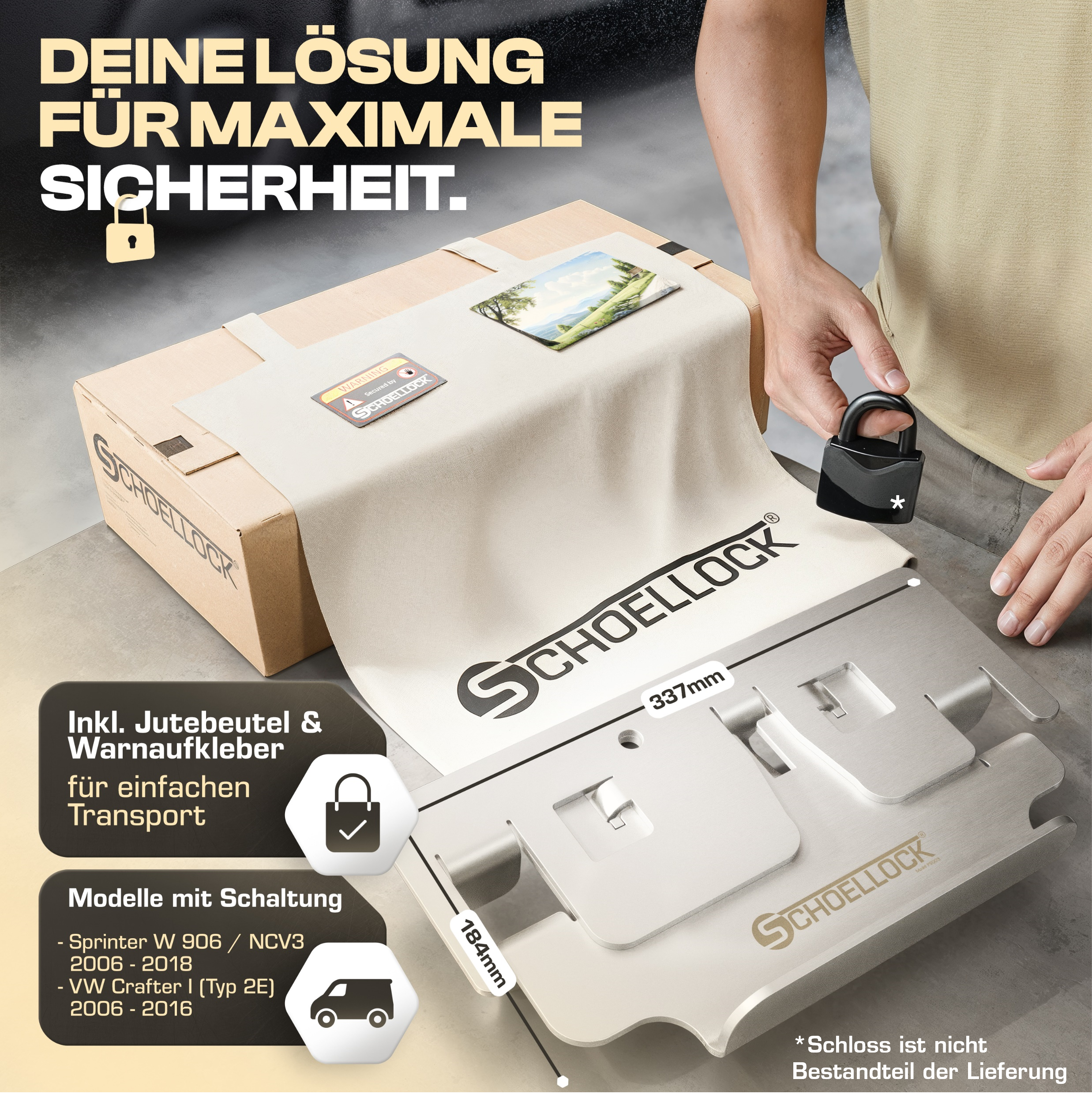 Lieferumfang der SCHOELLOCK Pedalsperre für Mercedes Sprinter W906 und VW Crafter I Schaltung